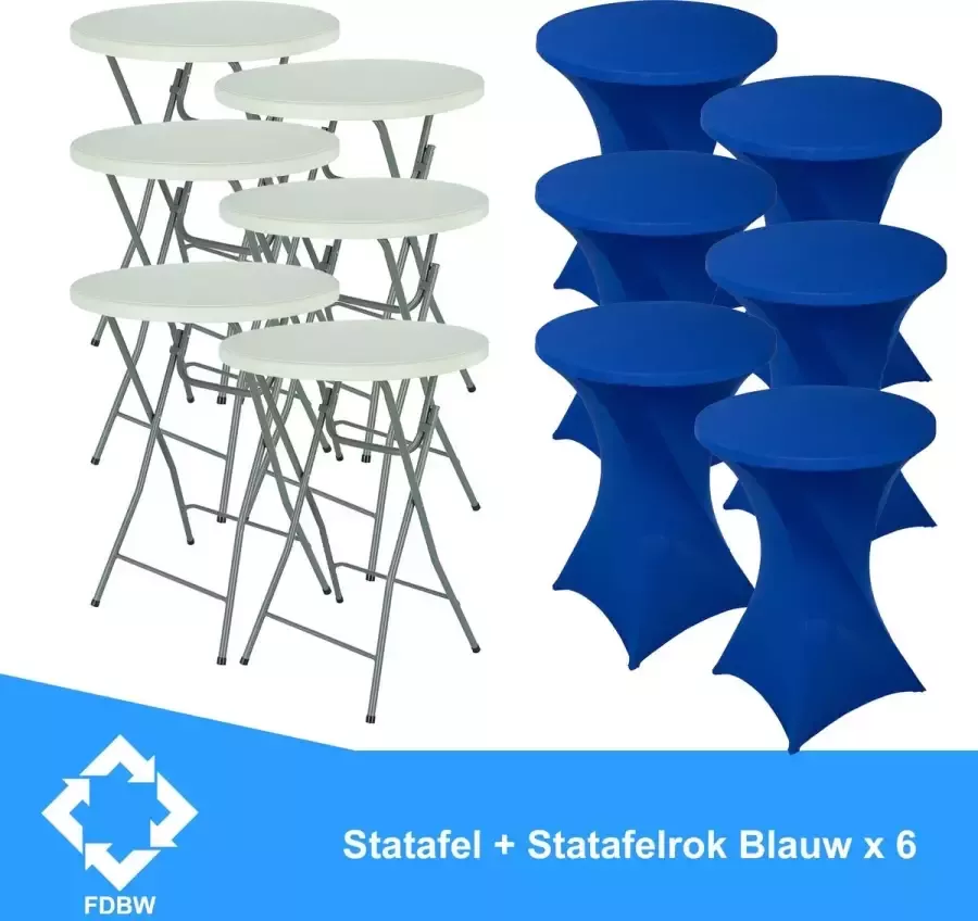Statafel x 6 + Blauw Statafelrok x 6 – 80 cm Dia x 110 cm hoog – Cocktailtafel – Hoge staan tafel – Breed Blad – Inclusief Blauw Statafelhoes – Staantafelrok Stretch Rok