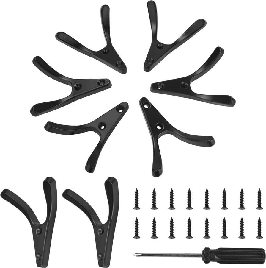STCRERAG 8-pack kapstokhaken met schroeven handdoekhaken van aluminiumlegering 85 * 79 mm kapstokhaken dubbele wandhaken zwarte moderne hoedenhaken wandjashaken voor studeerkamer slaapkamer