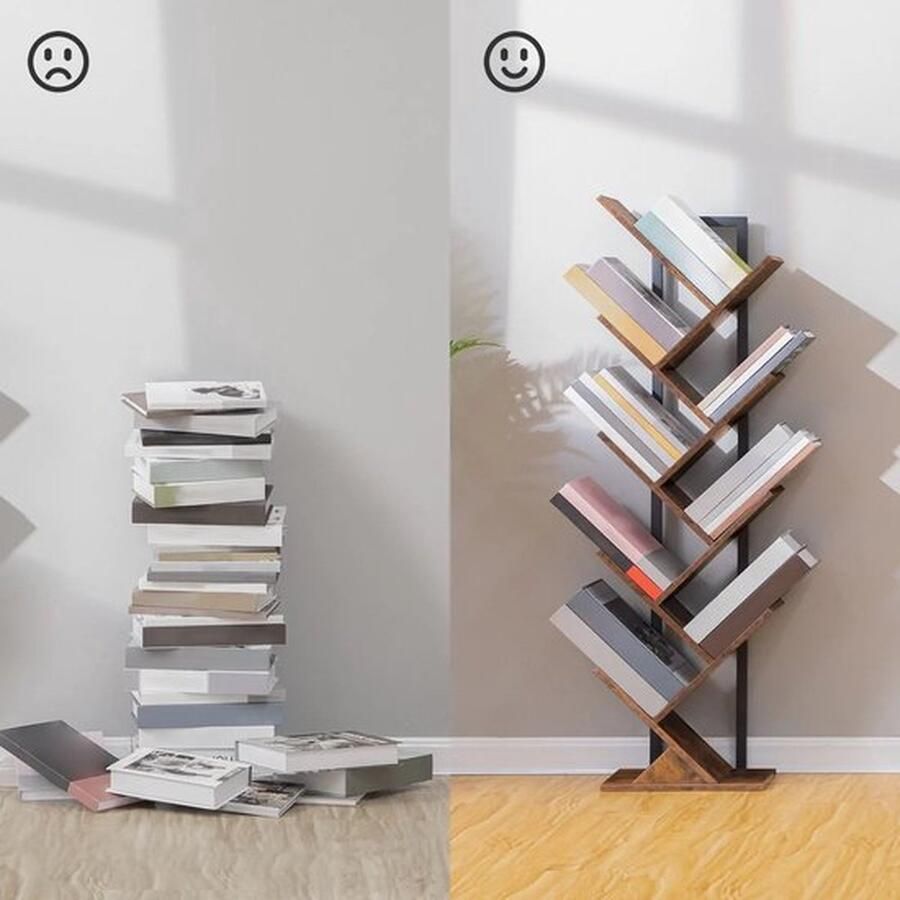 SteeFly Boom Boekenkast Hoge 9-verdiepings kast Staande Boekenplank Hoge Boekenkast Met Houten Planken Decoratief boekenstandaard 116cm