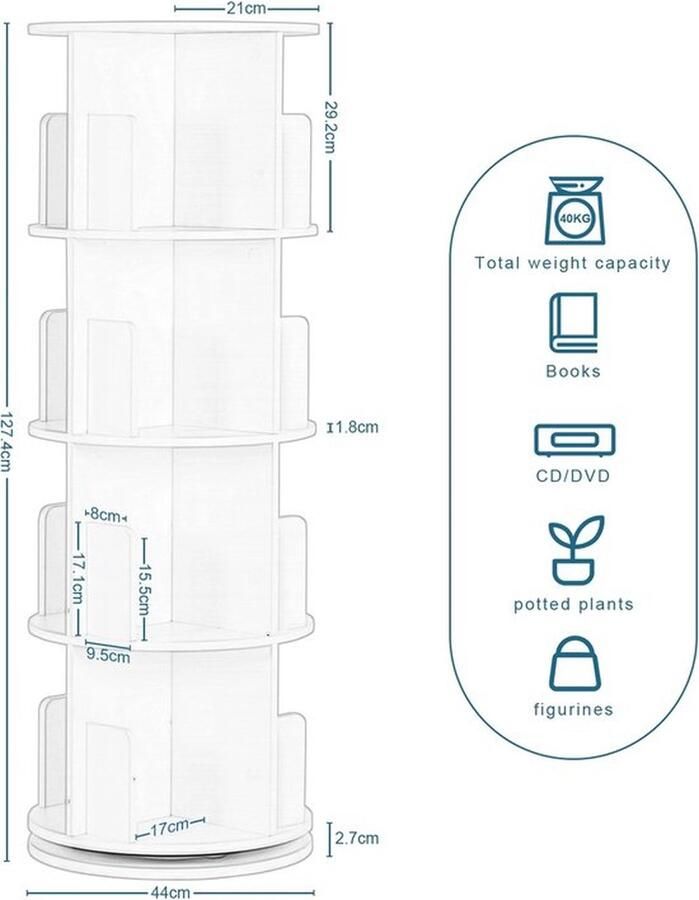 SteeFly Roterende Boekenkast Ruimtebesparend 4 verdiepingen Boekenplank met 16 compartimenten 127 4cm hoog