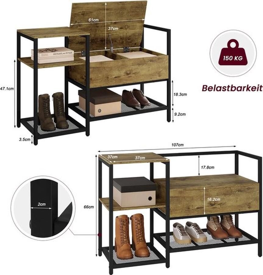 SteeFly Schoenenkast Met Bank 107X66X37Cm Scharnierend Deksel Huis Opslag Voor Hal Entree Gang Woonkamer etc