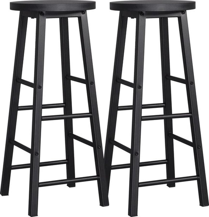 SteeFly Set van 2 Massief Houten Hoge Barkrukken Zwart Bistro Kruk Stabiele Duurzame Stalen Structuur MDF Zetel Koffie Stoel Home Decor Kruk