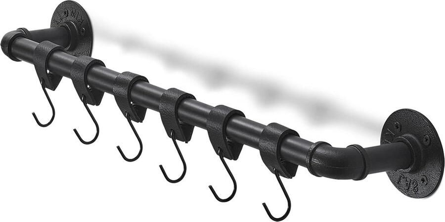 Steigerbuis Wandkapstok Handdoekhaak 54 cm Zwart Industrieel Incl. 6 leren bandjes met S-haken