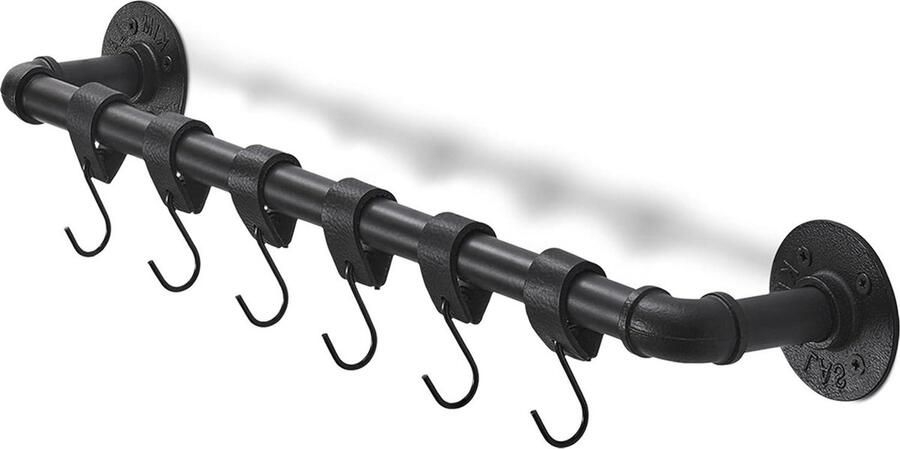 Steigerbuis Wandkapstok met 6 leren bandjes en S-haken 54 cm lengte zwart industrieel