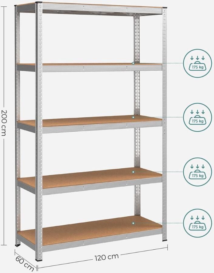 Stellingkast Opbergrek Met 5 verstelbare planken Belastbaar tot 300kg Zilver