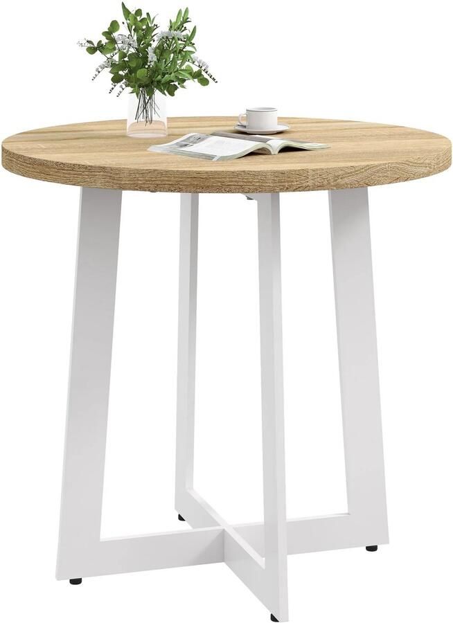 Stemily Eettafel Rond 4 Personen Stalen Frame Houtmelamine Eik & Wit 20 KG Draagkracht Ø 80 x 75 cm