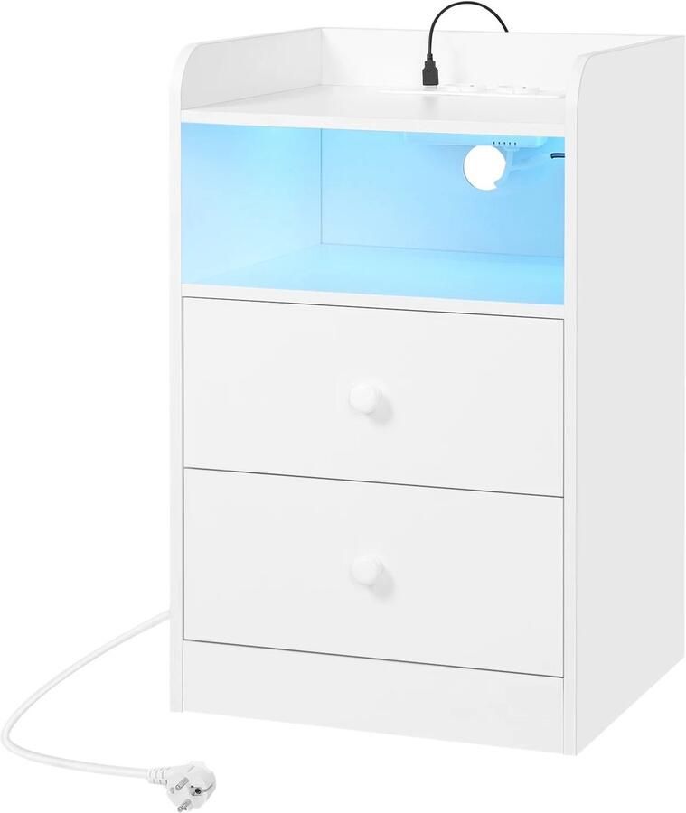 Stemily Nachtkastje Bijzettafel LED-Verlichting Oplaadstation 2 Stopcontacten 2 USB-Poorten 35cm x 40cm x 64cm