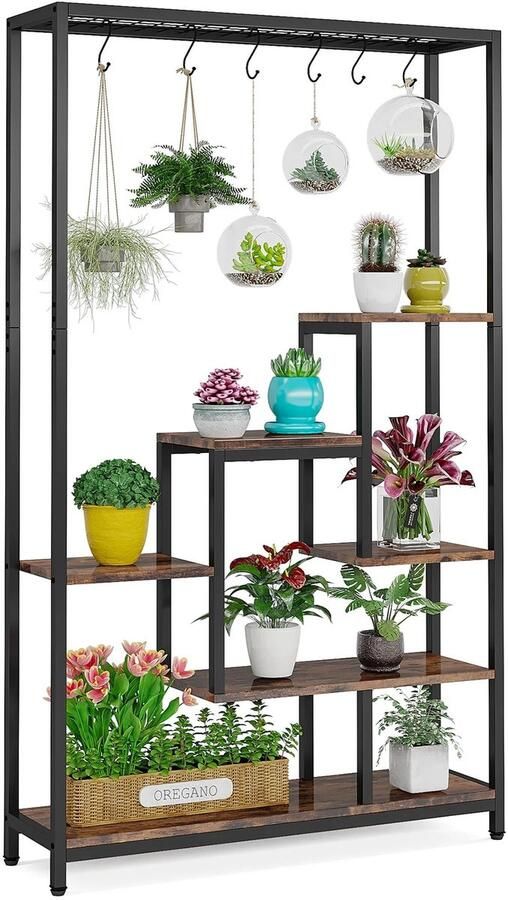 Stemily Open Wandkast- Boekenkast Plantenkast Industrieel Hout Metaal 5 Niveaus 10 Haken 100 x 30 x 180 cm