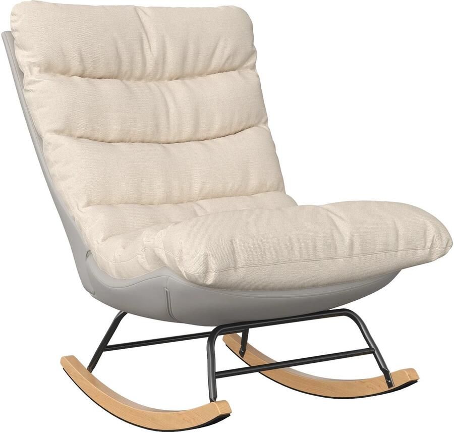 Stemily Schommelstoel Loungestoel Zacht Gevoerde Zitting Hoge Rugleuning Massief Hout Metaal Linnen 83x72x93cm