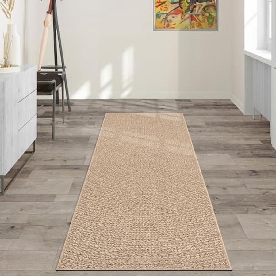 Stevig binnen- en buitentapijt in jute-look – Weerbestendig ruitpatroon 60 x 180 cm