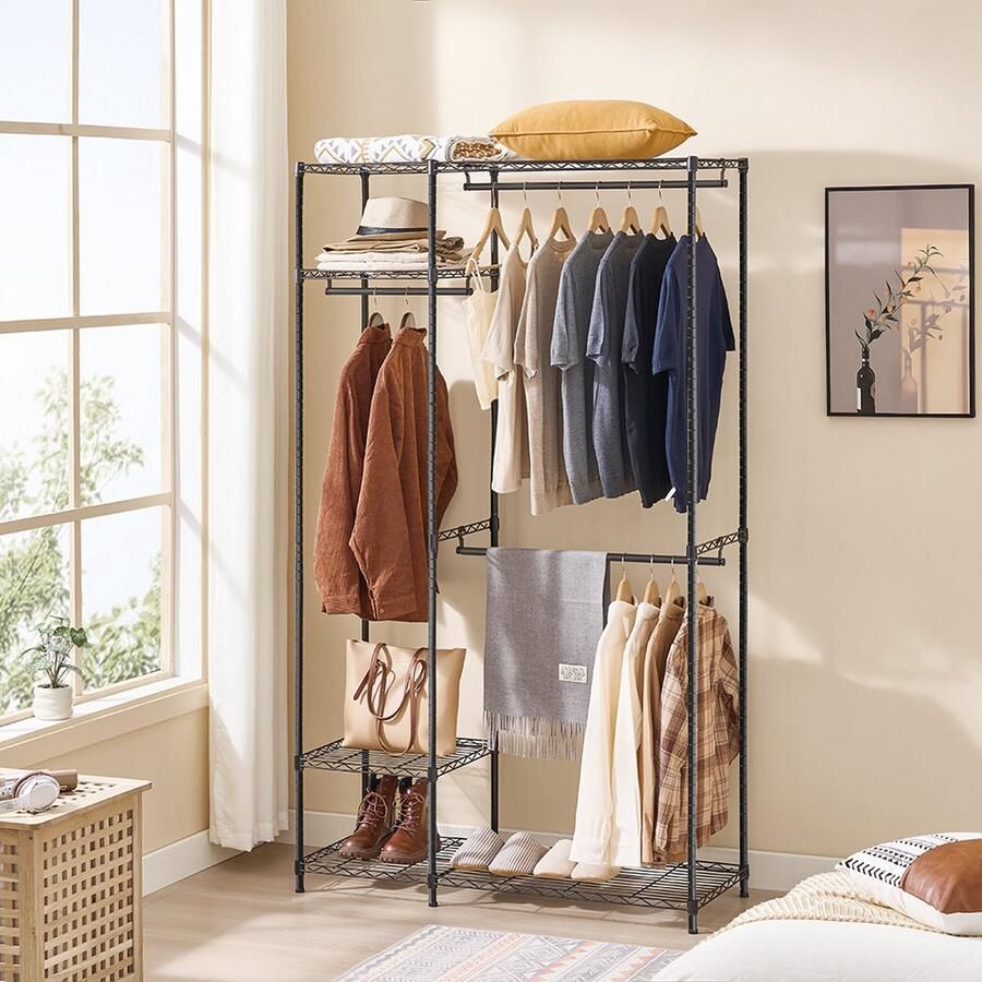 SUMOH Stevig Metalen Kledingrek op Wielen – Verrijdbare Garderobekast met Verstelbare Planken en Dubbele Kledingstang – 115x45x195 cm – Zwart – Ideaal voor Slaapkamer Kleedkamer en Opslag – Maximaal Draagvermogen 295 kg – Luxe en Duurzaam Ontwerp - Foto 2