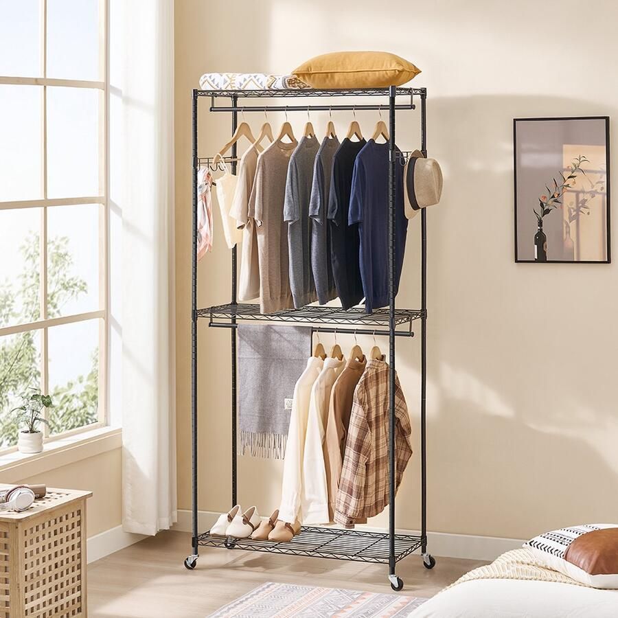 SUMOH Stevig Metalen Kledingrek op Wielen – Verrijdbare Garderobekast met Verstelbare Planken en Sterke Kledingstang – 90x40x200 cm – Zwart – Ideaal voor Slaapkamer Kleedkamer en Opslag – Maximaal Draagvermogen 165 kg – Luxe en Duurzaam Ontwerp