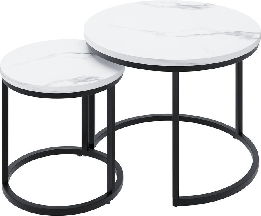 Re-purelife Stevig modern genesteld salontafel set – 2-delig rond salontafel set met metalen frame Ø60cm & 40cm– Moderne tafels voor woonkamer slaapkamer balkon tuin kantoor of kleine ruimtes wit - Foto 2