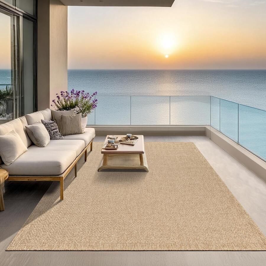 Stevig binnen- en buitentapijt in jute-look voor terras en tuin weerbestendig ruitpatroon 140 x 200 cm