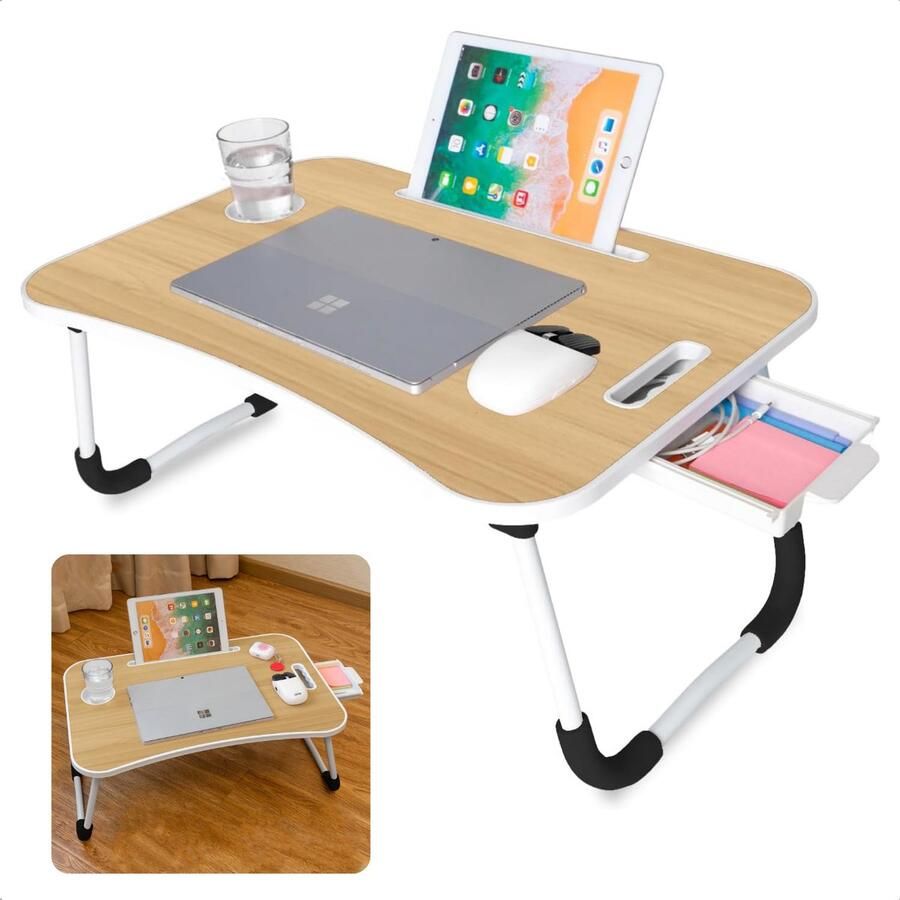 Stevige Bedtafel Thuiswerken Inklapbaar Schootbureau Banktafel Laptopstandaard Laptoptafel Ontbijt op Bed Anti-slip 60x40 cm MDF Tafelblad Met Bekerhouder Inclusief EBOOK