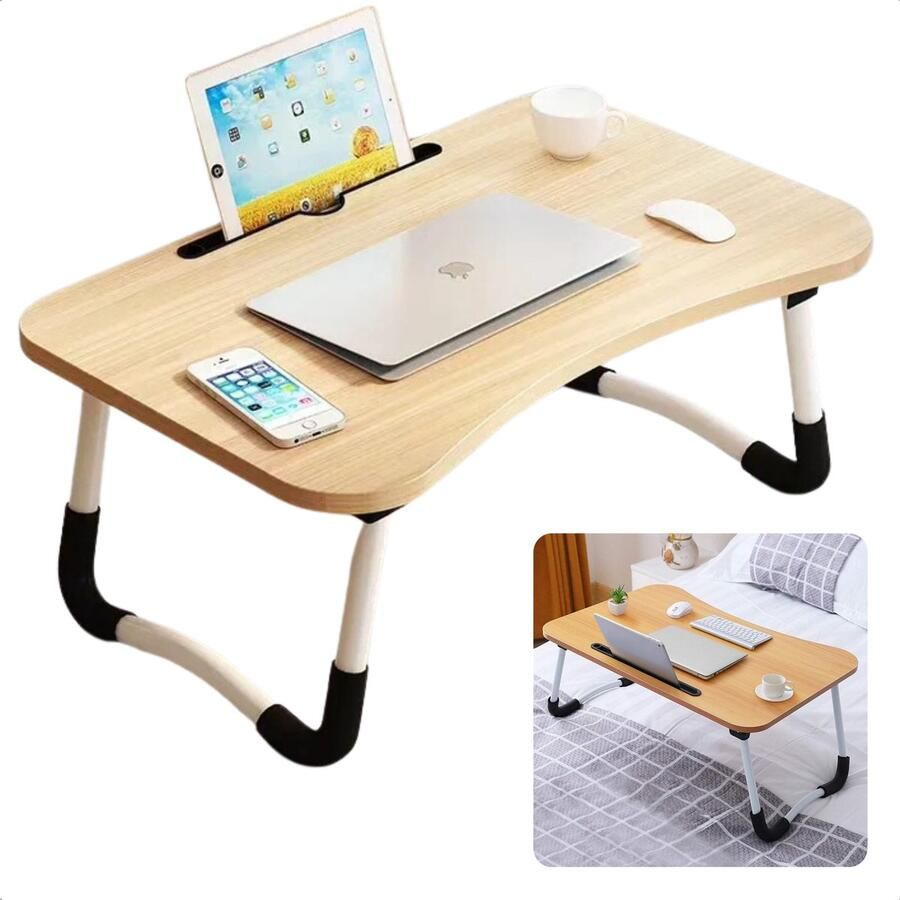 Cheqo Stevige Bedtafel Thuiswerken Inklapbaar Schootbureau Banktafel Laptopstandaard Laptoptafel Ontbijt op Bed 60x40 cm Met Tablethouder en Antislip Poten