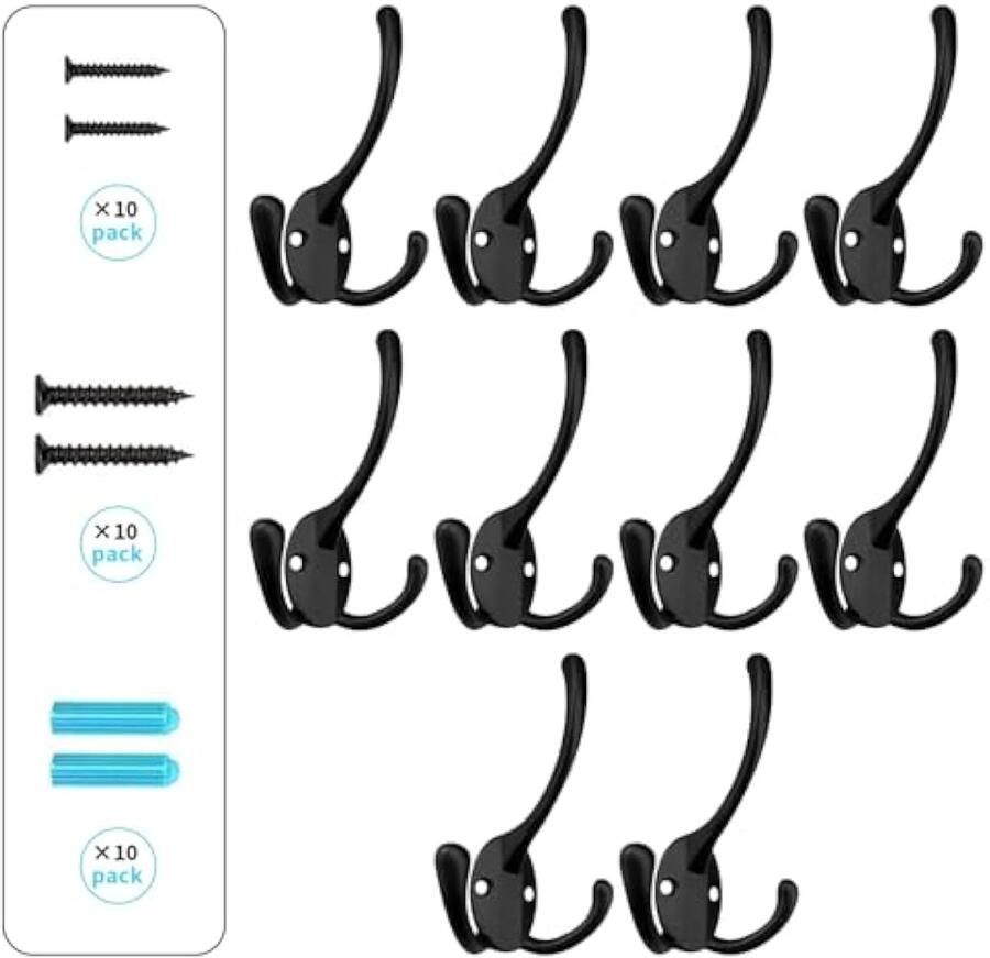 Stevige jashaken 10 zwarte kapstokhaken met drie haken voor aan muur met 40 schroeven (inclusief twee soorten schroeven) voor het ophangen van jassen hoeden handdoeken sjaals tassen sleutels