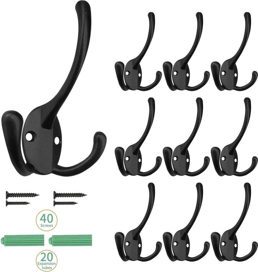 Stevige Jashaken met 3 Haken – 10 Zwarte Kapstokhaken voor Muurbevestiging – Voor Jassen Hoeden Handdoeken Tassen en Meer