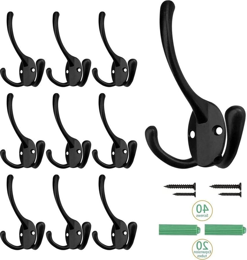 Stevige jashaken Set van 10 zwarte kapstokhaken voor aan de muur met 40 schroeven Ideaal voor jassen hoeden handdoeken BIGLUFU hook coat rack wall mounted