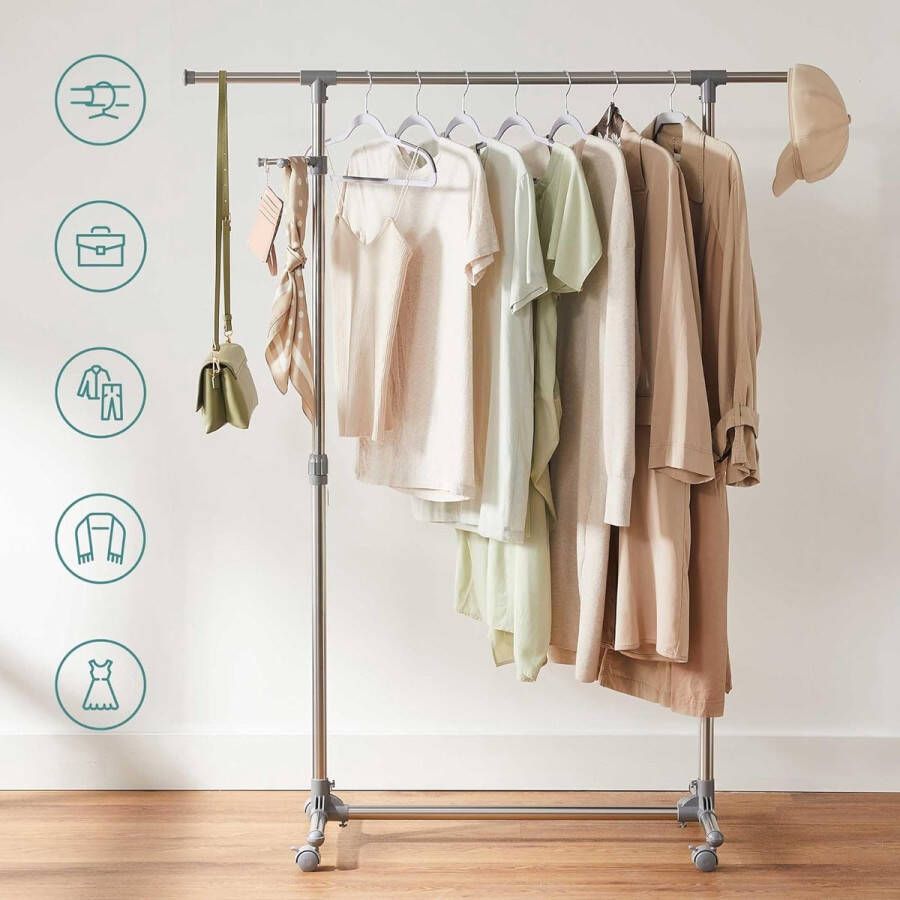 Stevige kapstok kledingstang uitschuifbaar kapstok met wielen in hoogte verstelbaar 97-165 cm roestvrijstalen buizen grijs