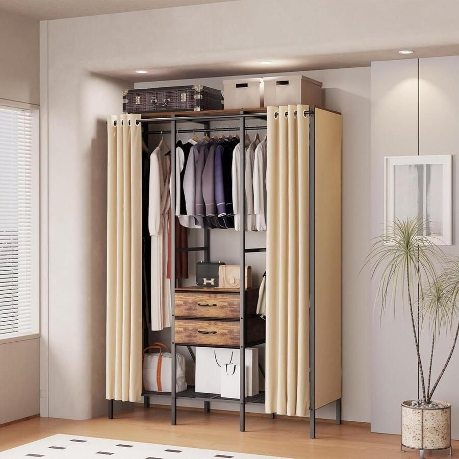 Stevige kapstok met gordijn groot kledingrek van metaal voor slaapkamer kledingkast met planken en garderobe 1495 x 50 x 214 cm kledingkasten slaapkamer