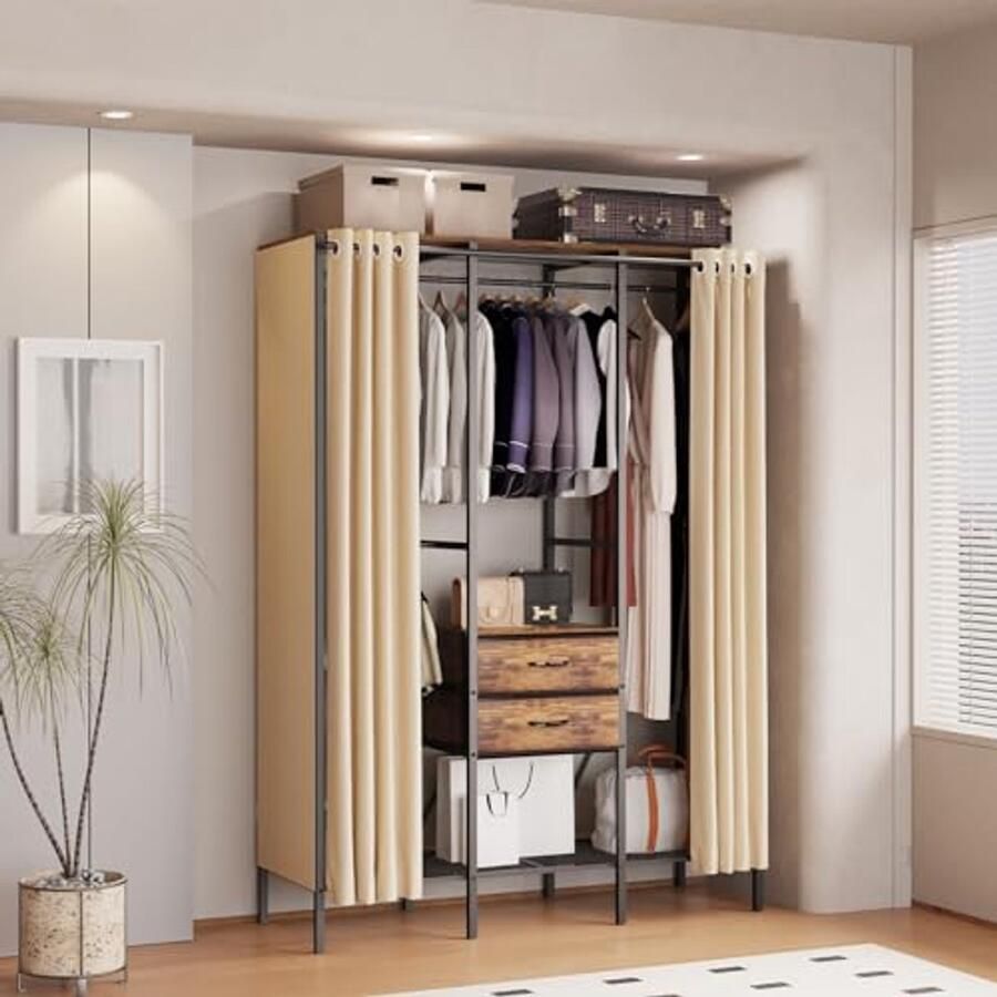 Stevige kapstok voor slaapkamer met gordijn en planken Kledingrek van metaal voor garderobe 149 5x50x214 cm