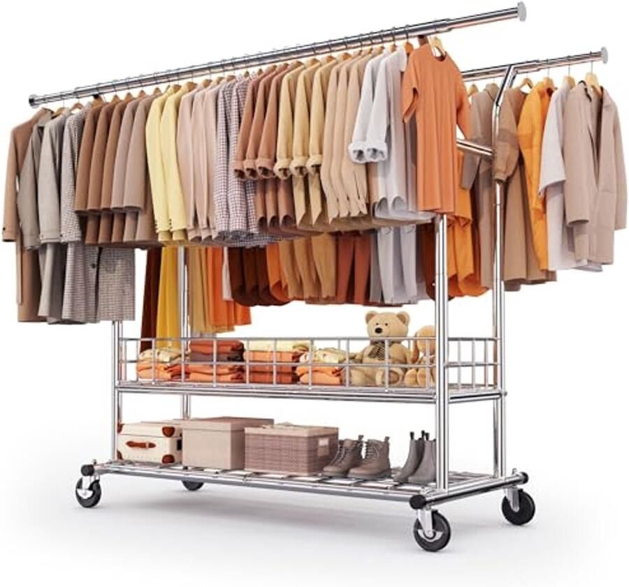 Stevige kledingrek met wielen Dubbele staaf en metalen mand voor slaapkamer en woonkamer