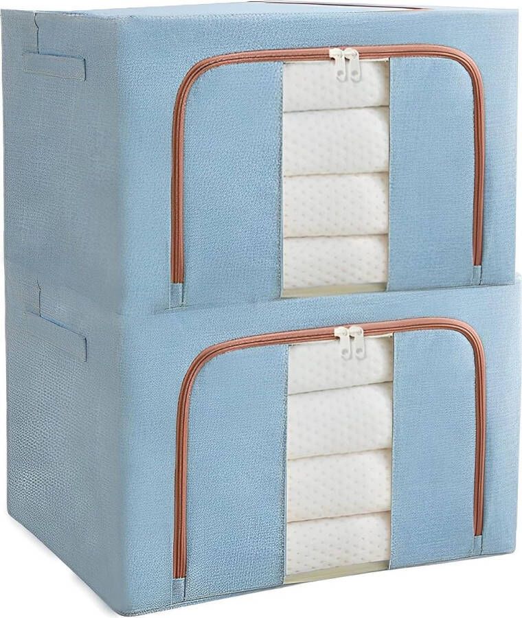 Stevige opvouwbare kledingopberger met ritssluitingen metalen frame 2 stuks stapelbare kledingdozen van 66 liter opbergtas voor kleding beddengoed dekens dekbed (50 x 40 x 33 cm) (blauw)
