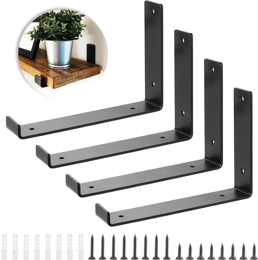 Luvetrex Stevige Zwarte Wandplank Beugels Set van 4 voor Houten Meubels en Hoeken