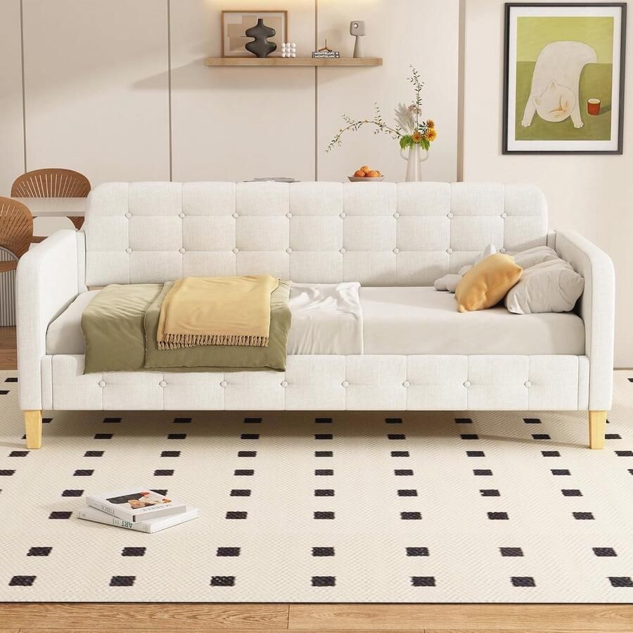 Gestoffeerde slaapbank 90x200 cm met knoopnagels dagbed tienerbed logeerbed met armleuning en rugleuning - Foto 2