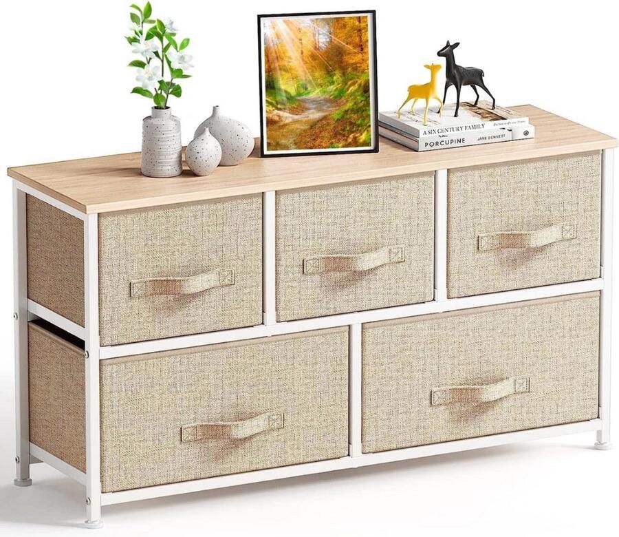 Stijlvol Dressoir met 5 Laden Ruime Dressoir Opbergtoren met Houten Bovenkant en Handige Trekgreep Perfect voor Kasten Woonkamer Kinderkamer en Hal