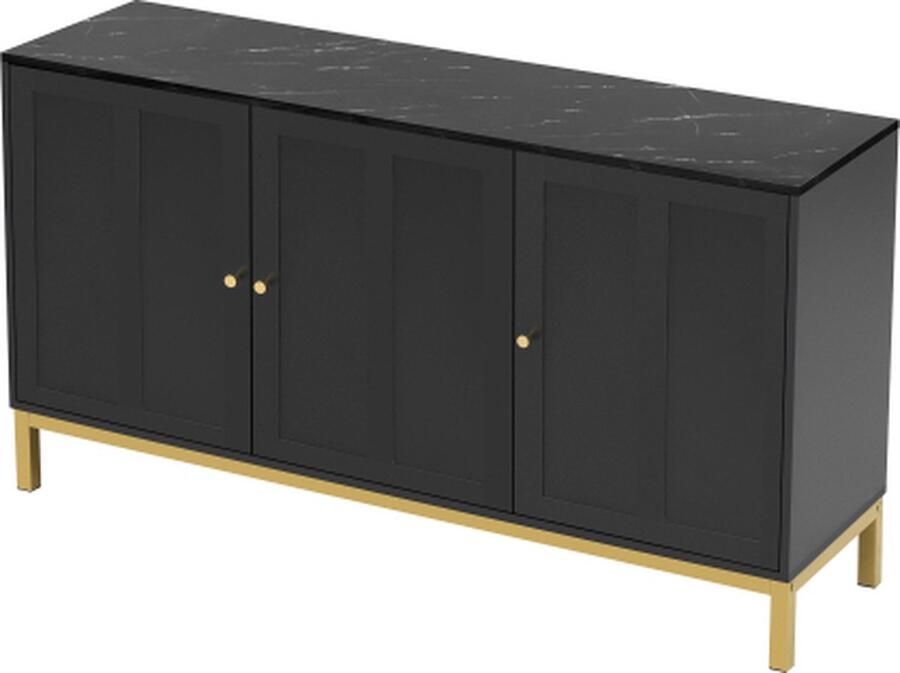 Zonder merk Gotagee Stijlvol Elegante 3-Deurs Sideboard Met Marmeren Tafelblad Voor Keuken Woonkamer En Eetkamer Zwart