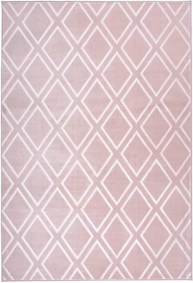 Goodivery Stijlvol Hoogpolig Vloerkleed met Diamantpatroon en Antislip Rug 3D Effect Roze Crème 120x170 cm