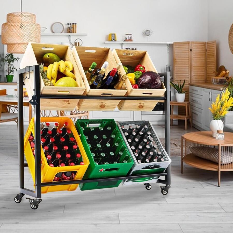 Kilkuran Stijlvol Metalen Drankenrek voor 6 Kratten met Wielen en Flesopener