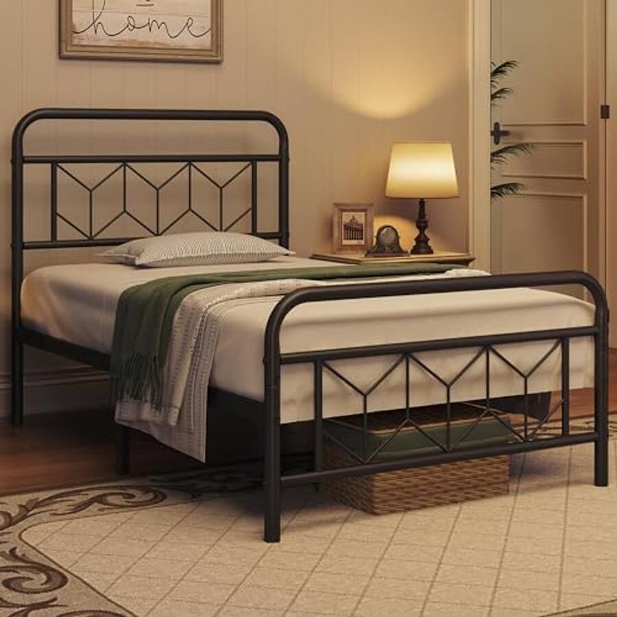 Stijlvol metalen eenpersoonsbed 90 x 200 cm met hoog hoofdeinde voor slaapkamer en logeerkamer