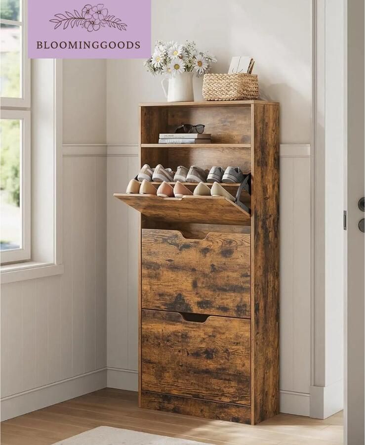 Stijlvol Schoenenkast 3 Ruime Kantelvakken 1 Open Compartiment & Verstelbare Scheidingswand- Slim Kantelmechanisme 4 Niveaus Opbergkast voor Schoenen- Ruimtebesparend Schoenenrek 3 Vakken- Hout Bruin 18 Paar Schoenen 24x60x139cm Georganiseerde Kast