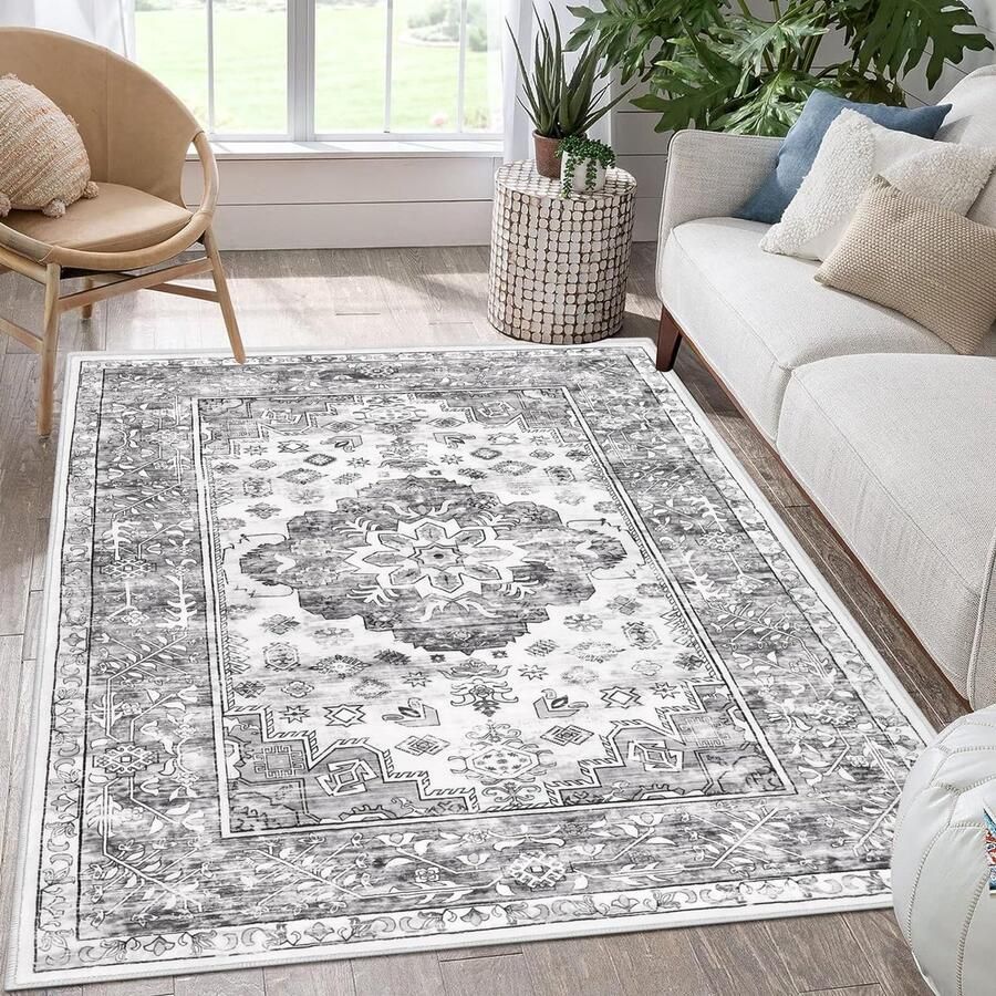 Stijlvol Vintage Tapijt voor Woonkamer en Slaapkamer Grijs 90 x 150 cm Wasbaar en Antislip