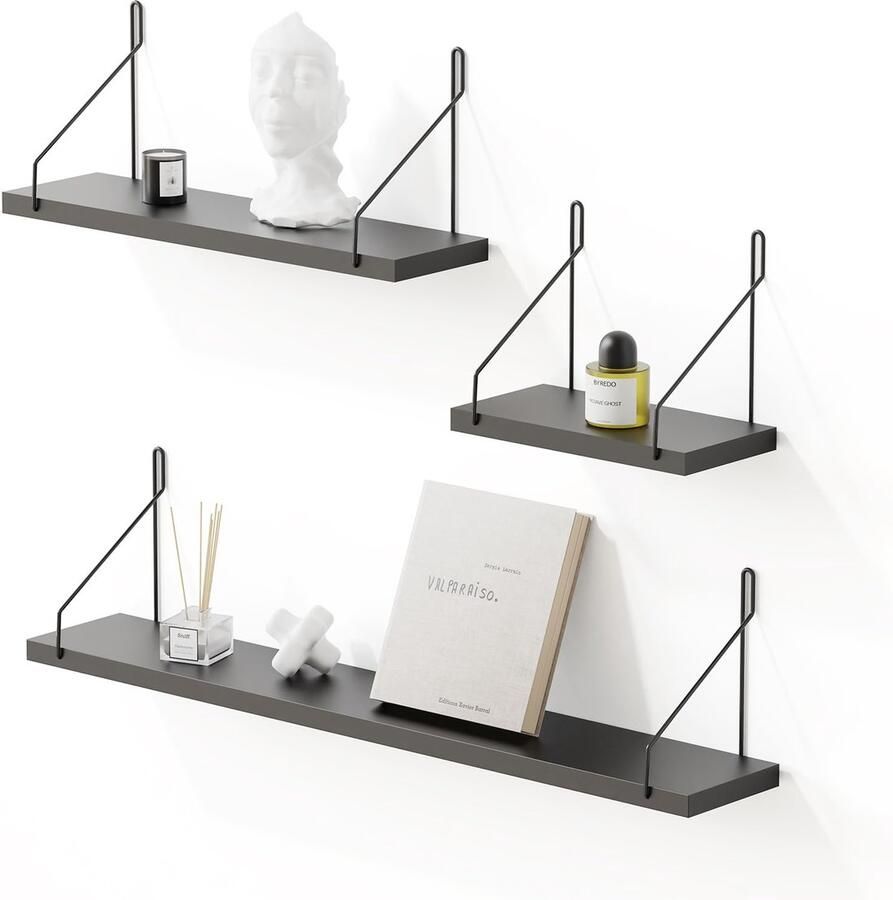 Stijlvol Zwart Wandplankenset van 3 Stuks Perfect voor Elke Ruimte en Decoratiebehoefte