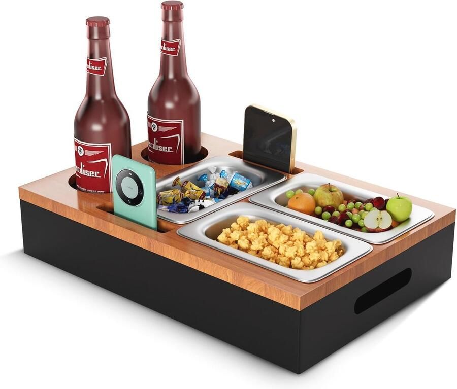 Stijlvolle bankorganizer voor salontafel met snackschalen en opbergruimte