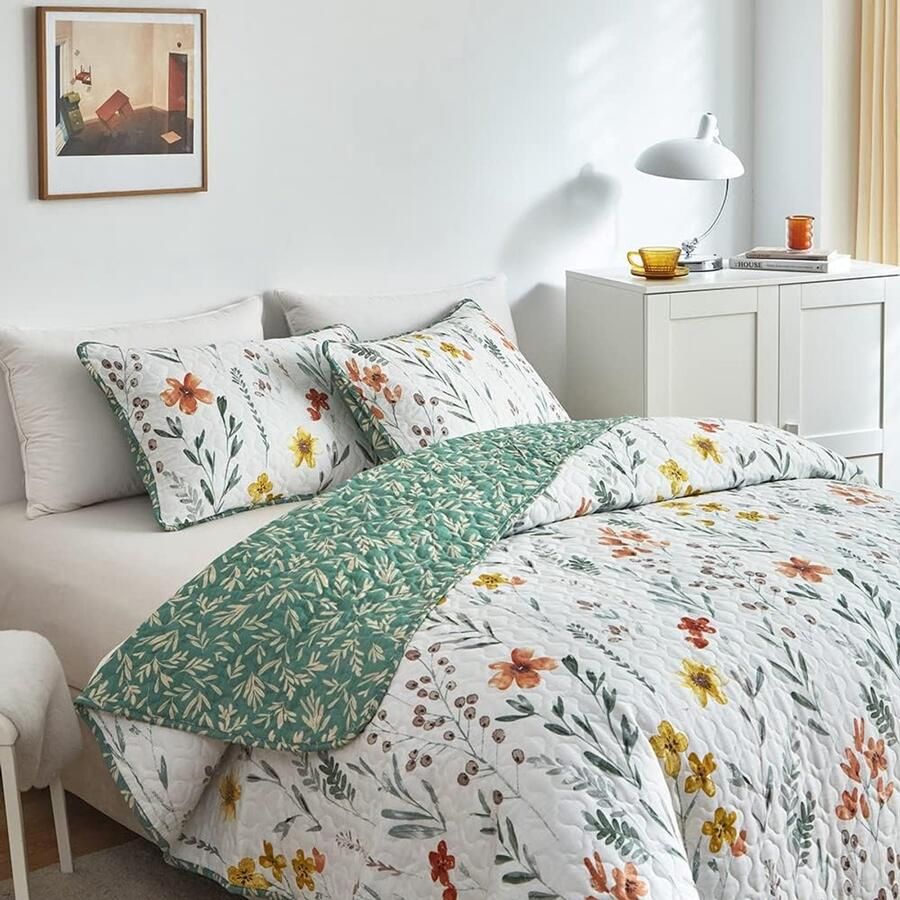 Stijlvolle Bloemen Quilt Set voor Eenpersoonsbed met Kussenslopen