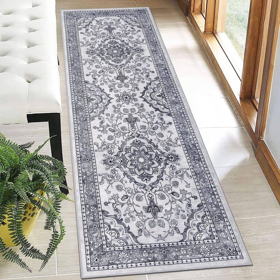 Stijlvolle bloemenloper klassiek wasbaar lang tapijt vintage luxe zachte keukenloper antislip duurzame gangloper voor woonkamer kantoor eetkamer 60 x 180 cm grijs