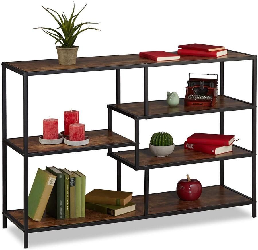 Stijlvolle boekenkast industrieel design 1 stuk zwart en hout 79x115x33 cm