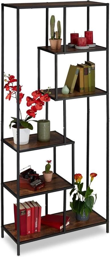 Stijlvolle boekenkast industrieel design 1 stuk zwart hout 186 x 78 x 33 cm