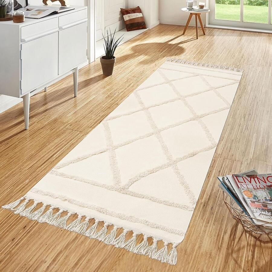 Stijlvolle Boho Tapijtloper met Geweven Kwastjes voor Ruimtes Beige 60 x 130 cm