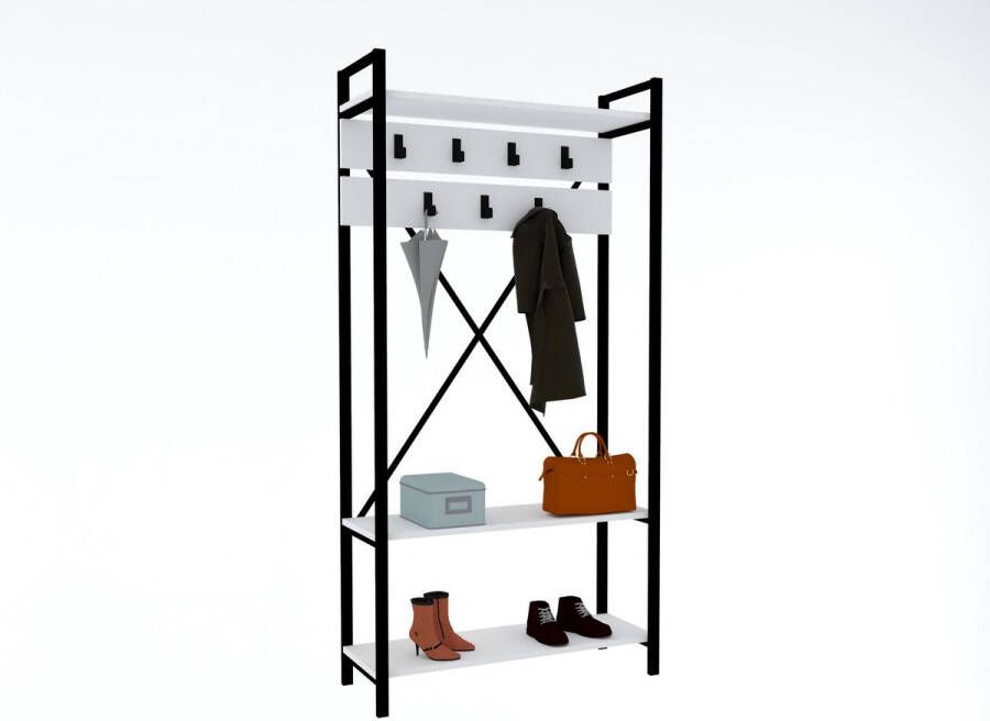 Asir Hall-standaard. 100% GEMELAMINEERDE SPAANPLAAT. Breedte: 90 cm Hoogte: 180 cm Diepte: 34 cm. Multifunctioneel ophangrek. Talrijke planken. Kan aan de muur worden bevestigd. Extra opslag