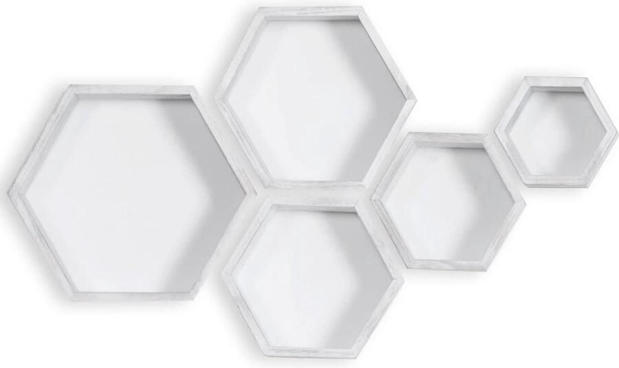 Luvetrex Stijlvolle Hexagon Wandplanken Set van 5 voor Woonkamer en Slaapkamer Weerwit
