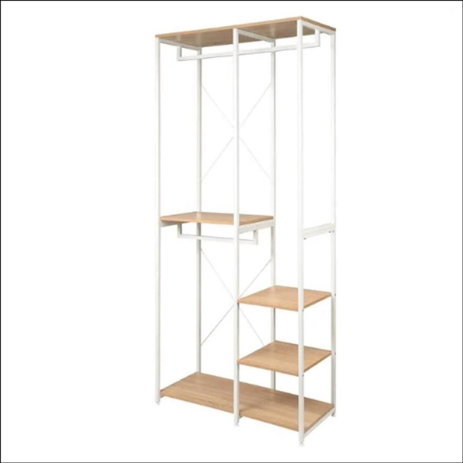 Stijlvolle houten kapstok met stalen frame – wit & licht eiken