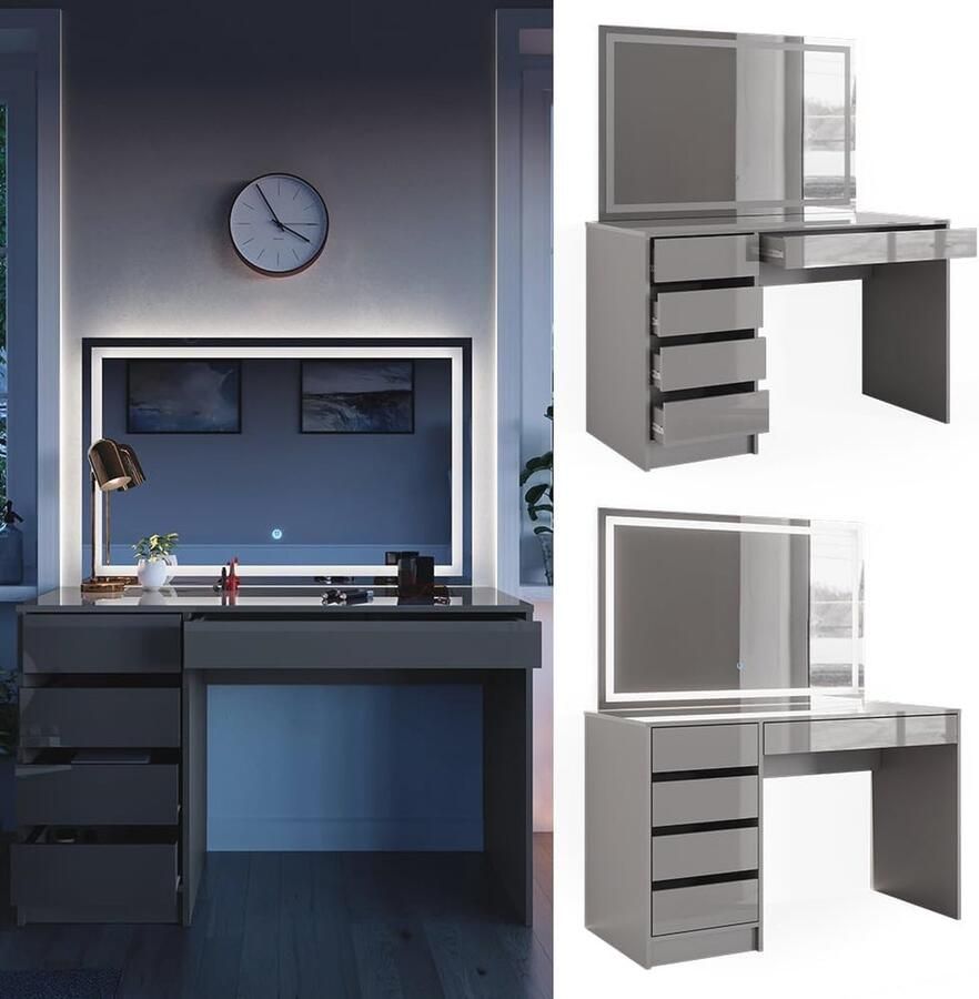Stijlvolle Kaptafel met LED Spiegel en Schuifladen voor Meisjes en Dames 120 x 55 cm Grijs Hoogglans