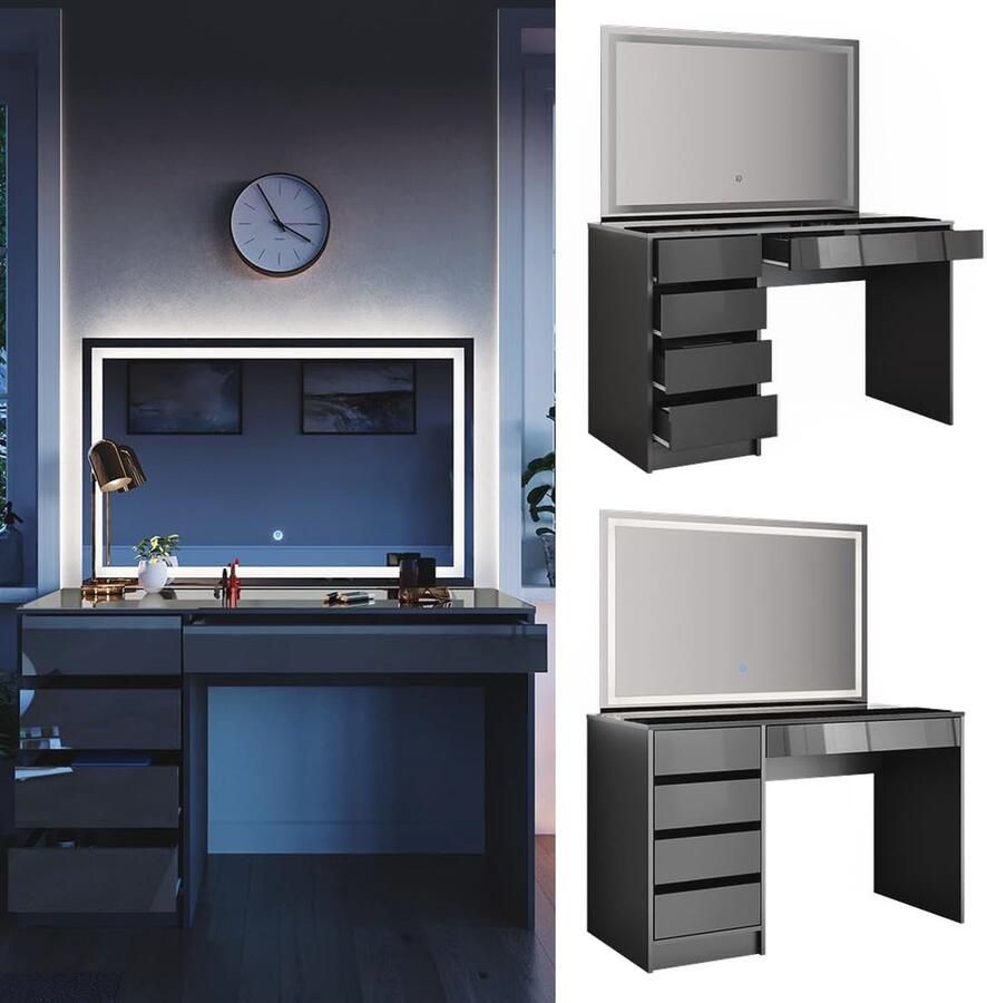Stijlvolle Kaptafel met LED-Spiegel en Schuifladen voor Meisjes en Dames 120 x 55 cm Zwart