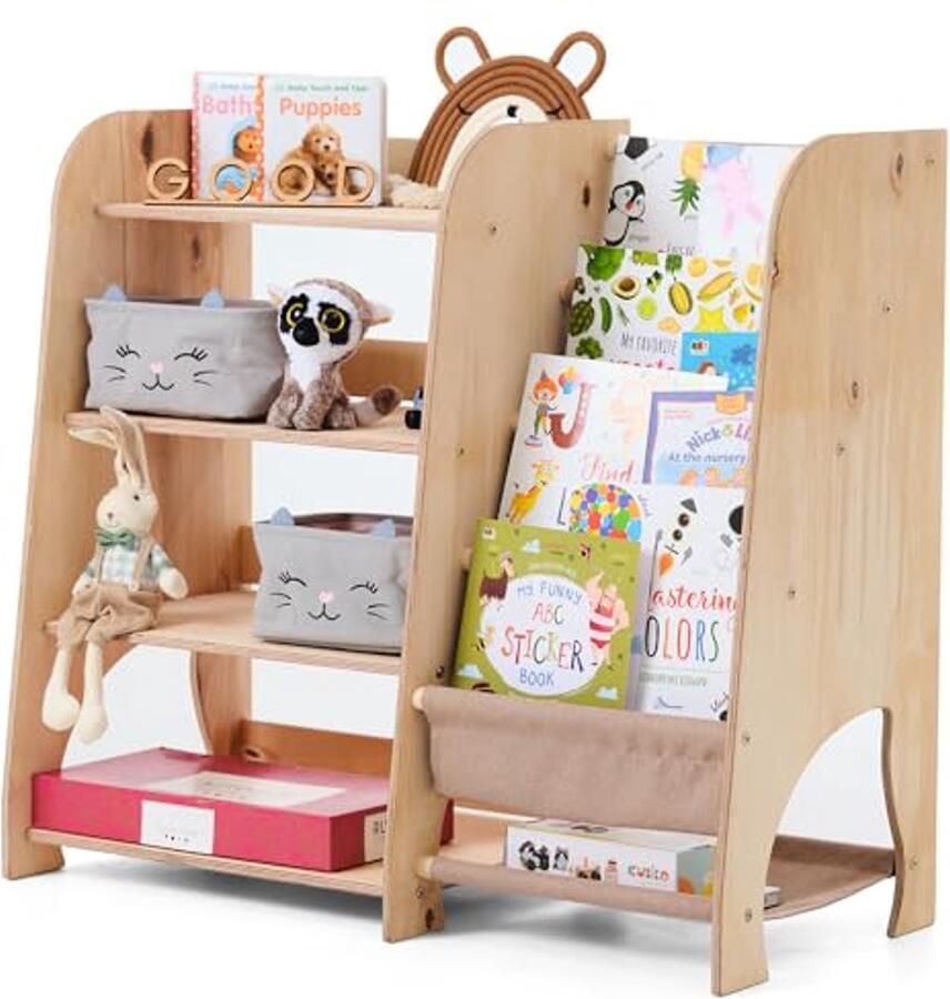 Stijlvolle Kinderboekenkast Houten Boekenkast voor Kinderen in Unieke Ontwerpen Veilige en Functionele Speelgoed Organizer voor Slaapkamer en Speelkamer (Beige Groot)